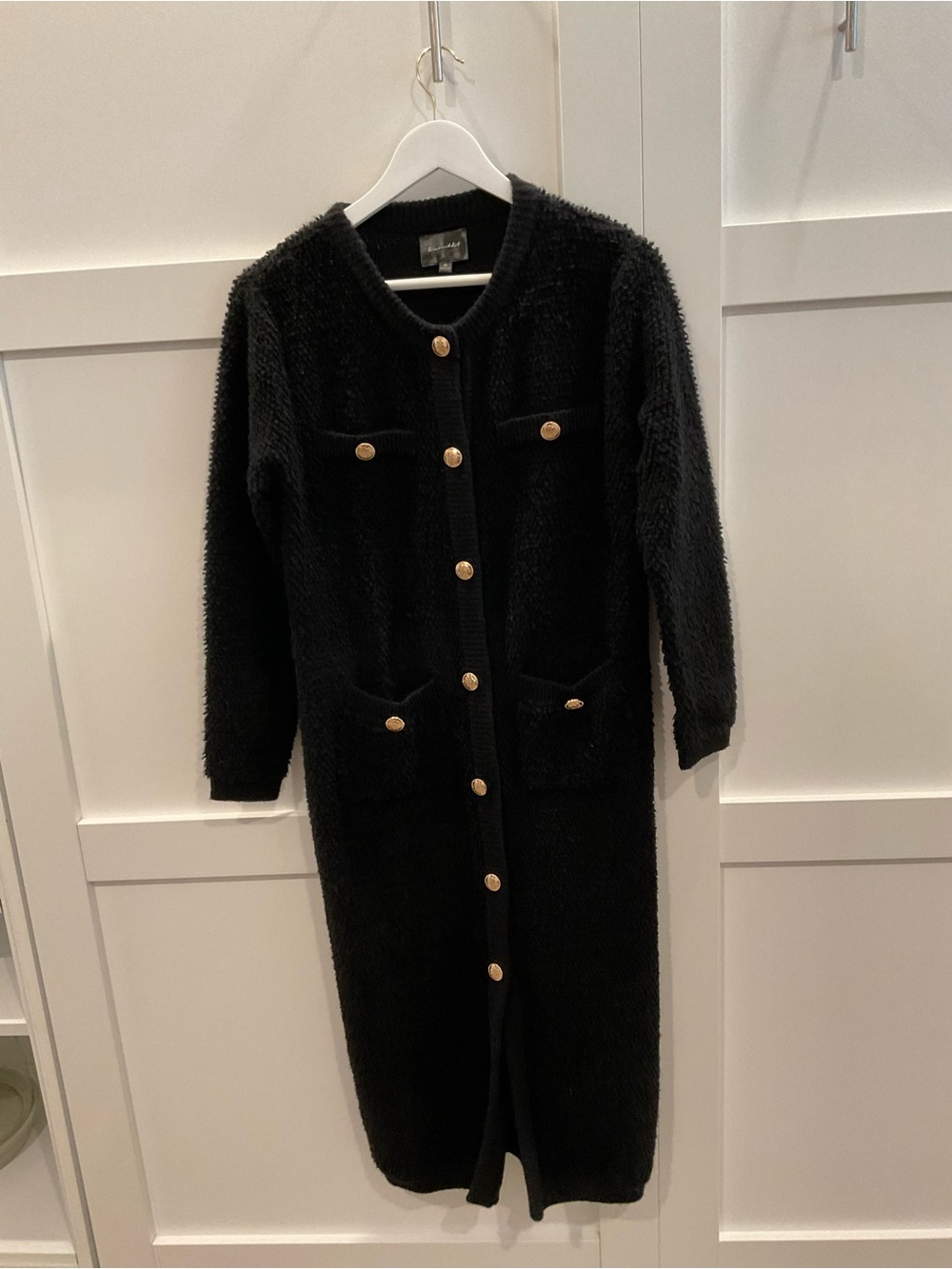 Line & Dot Black Long Knit Coatigan with Gold Buttons